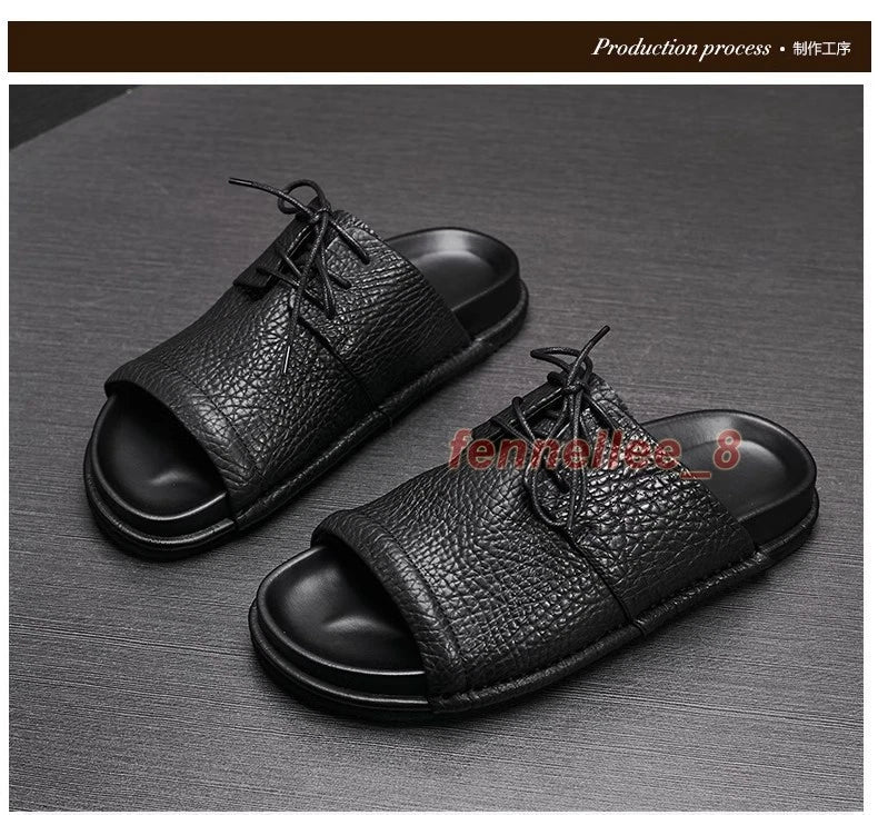 Mens Real Leather Cowhide Open Toe Casual Outdoor Beach Holiday Sandals Slippers