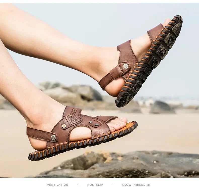 Open Toe Hollow Out Leather Mens Slippers Sandals Beach Holiday Summer Slingback