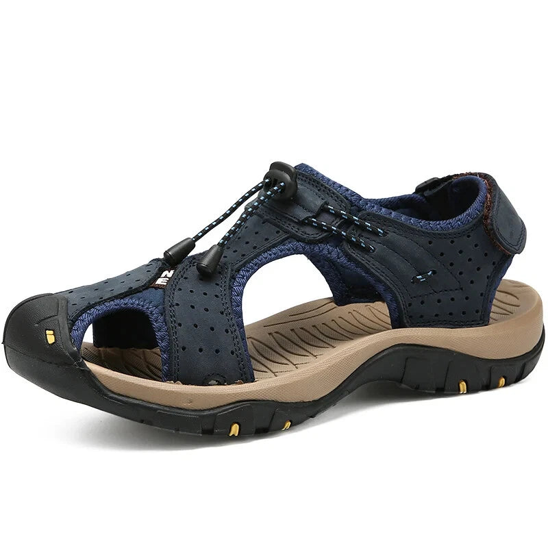 Summer Men's Leather Sandals Outdoor Beach Shoes Comfort Casual Lackk Up Slipper