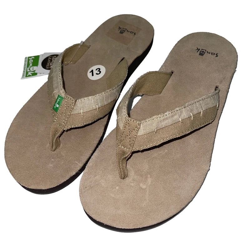 Sanuk Flip Flops Mens Brown Suede Leather Canvas Comfort Slipper Sandals Dr Fray