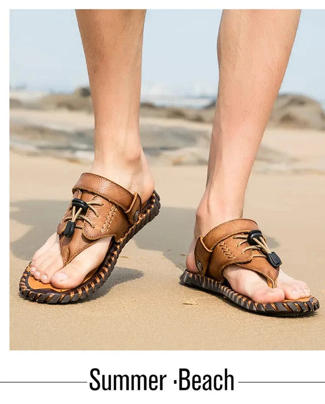 38-48 Plus Size Mens Real Leather Flip Flops Sandals Slipper Beach Holiday Shoes