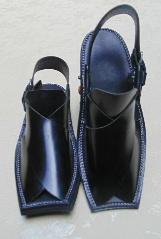 US 7, 8,9,10,11 MEN'S HANDMADE BLACK CHARSADA LEATHER PESHAWARI CHAPPEL