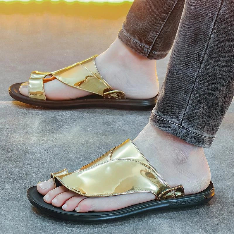 Roman Men's Flats Sandals Open Toe Fashion Summer Gold Slippers Beach Shoes Hot