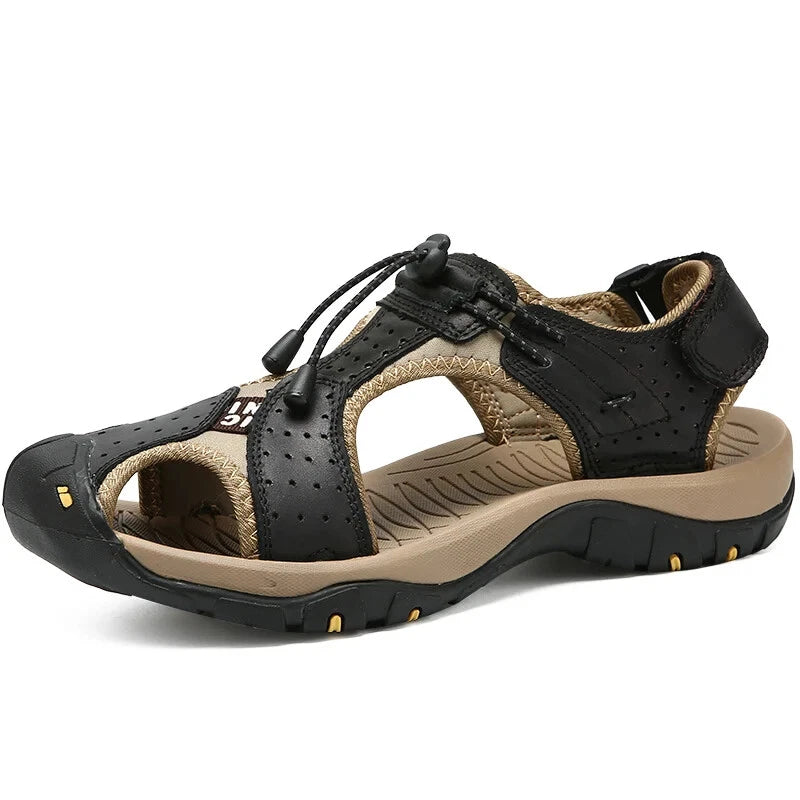 Summer Men's Leather Sandals Outdoor Beach Shoes Comfort Casual Lackk Up Slipper