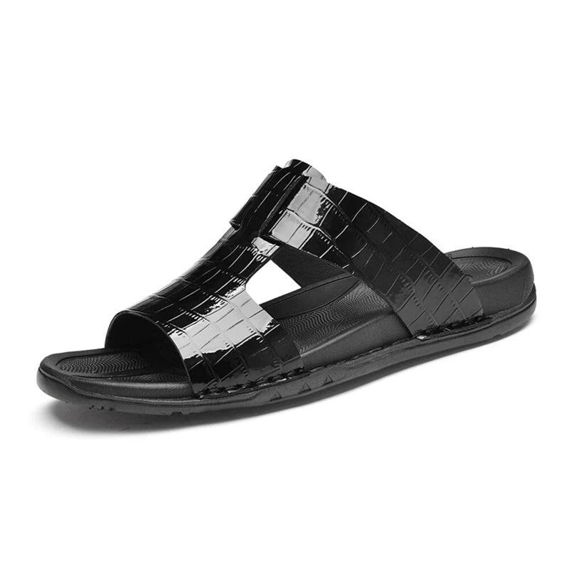 Men's Print Leather Flat Slides Sandals Outdoor Slip On Casual Flats Slippers