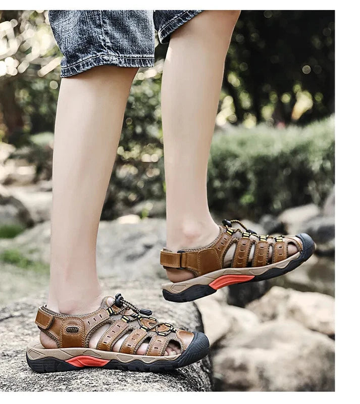 Men's Soft Leather Sandals Summer Lack Up Shoes Outdoor Comfort Beach Slippers