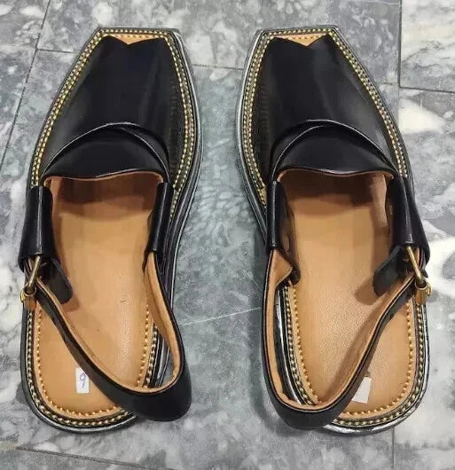 Handmade New Men's Premium Quality Black Peshawari Chappal Pure Leather Sandals