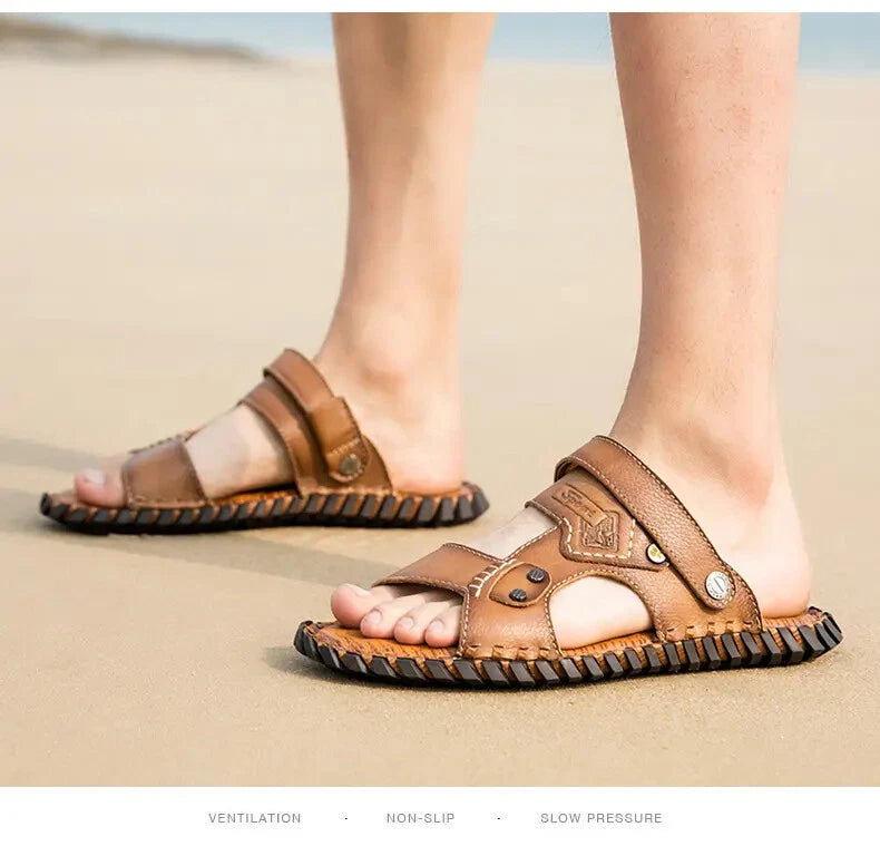 Open Toe Hollow Out Leather Mens Slippers Sandals Beach Holiday Summer Slingback