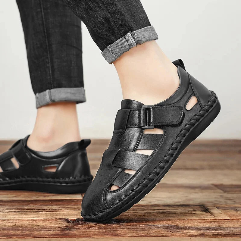 Men Leather Loafers Breathable Soft Sandals Handmade Non Slip Beach Slippers