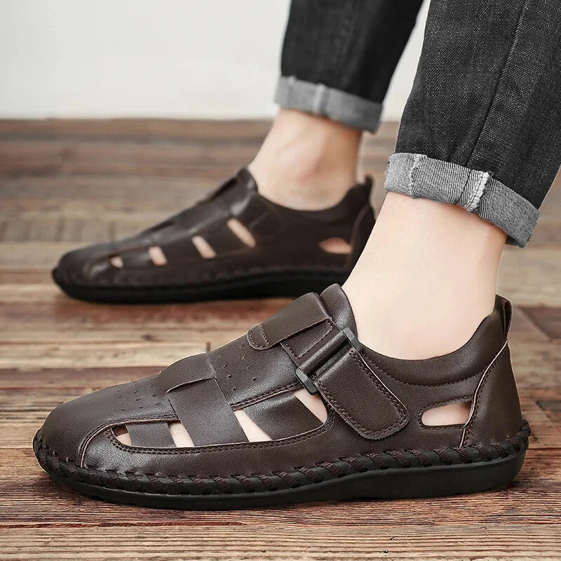 Men Leather Loafers Breathable Soft Sandals Handmade Non Slip Beach Slippers