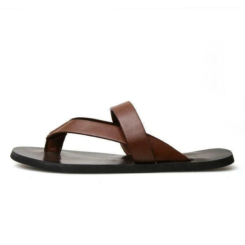 Mens Beach Outdoor Leather Sandals flip flops  Strap Shoes Anti-slip Slippers