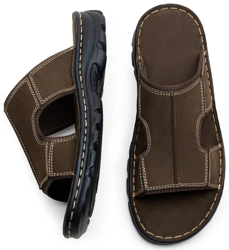 Men's Leather Slip-On Outdoor Beach Slide Sandals Slippers, Comfortable Fit