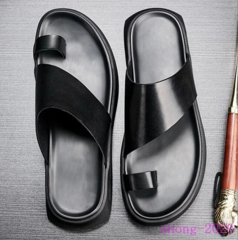 Chic Mens Summer Slides Clip Ring Toe Beach Casual Sandals Leather Flats Slipper