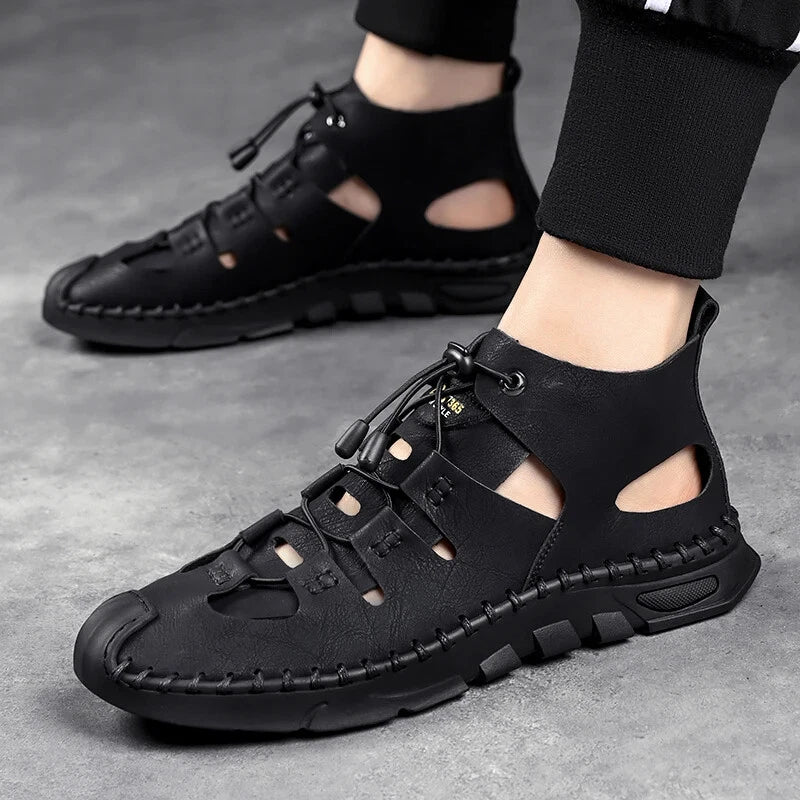 Men High Top Roman Sandals Leather Light Casual Slippers Breathable Beach Shoes