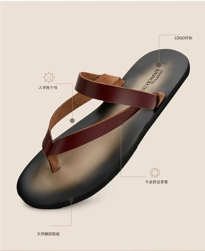 Men's Cowhide Slippers Casual Leather Flip Flops Breathable Slip on Beach Shoes