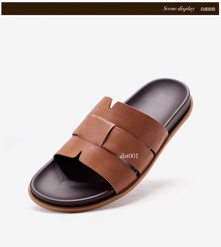 Summer New Men's Slippers Casual Breathable Beach Sandals Flat Leather Slippers