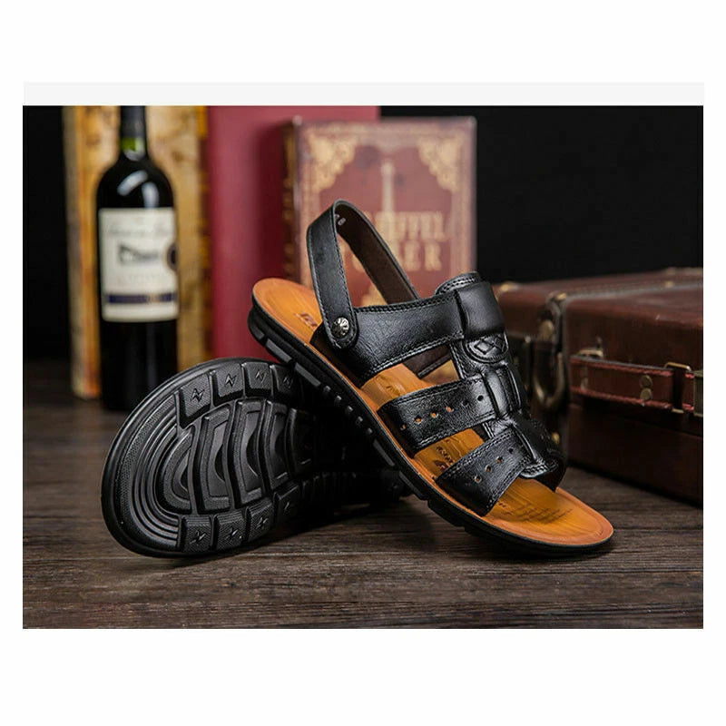 New Men Sandals Leather Shoes Open Toe Flats Slip On Beach Fisherman Shoes