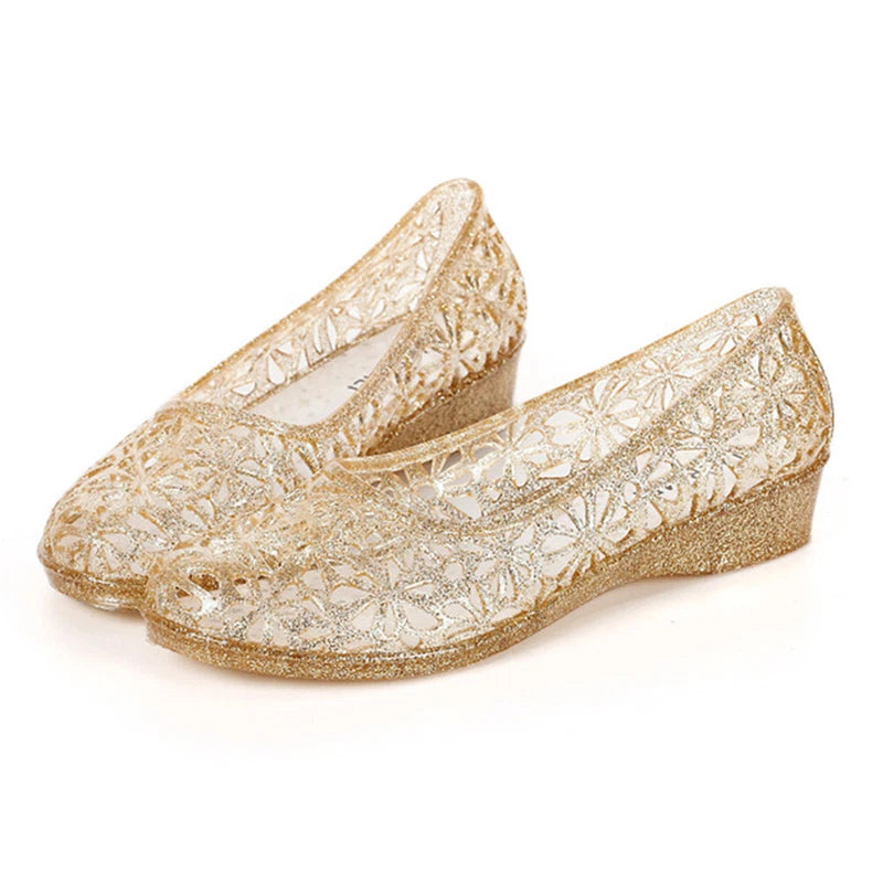 Womens Summer Jelly Sandals Hollow Out Shoes Glitter Crystal Mesh Slippers Size