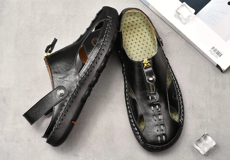 Men's Anti-Slip Leather Sandals, Closed Toe Outdoor Summer Beach Shoes