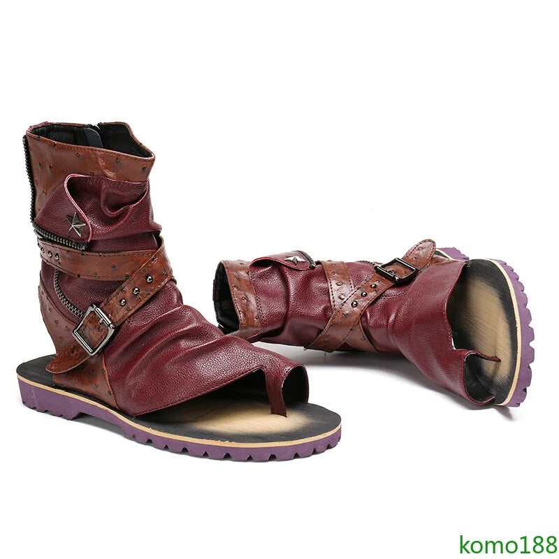 Men's Roman Sandals High Top leather  Flip Flop Gladiator Buckle Shoes Slingback