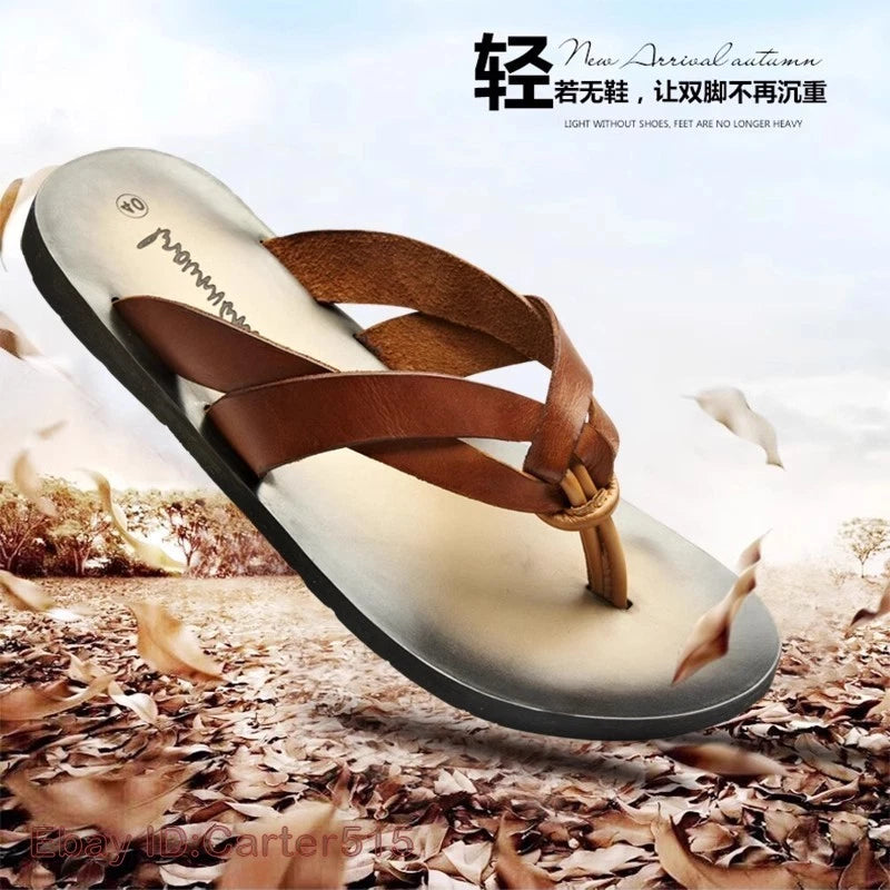 Summer Sandals New Men's Flip Flops Beach Shoes Leather Flats Casual Slippers