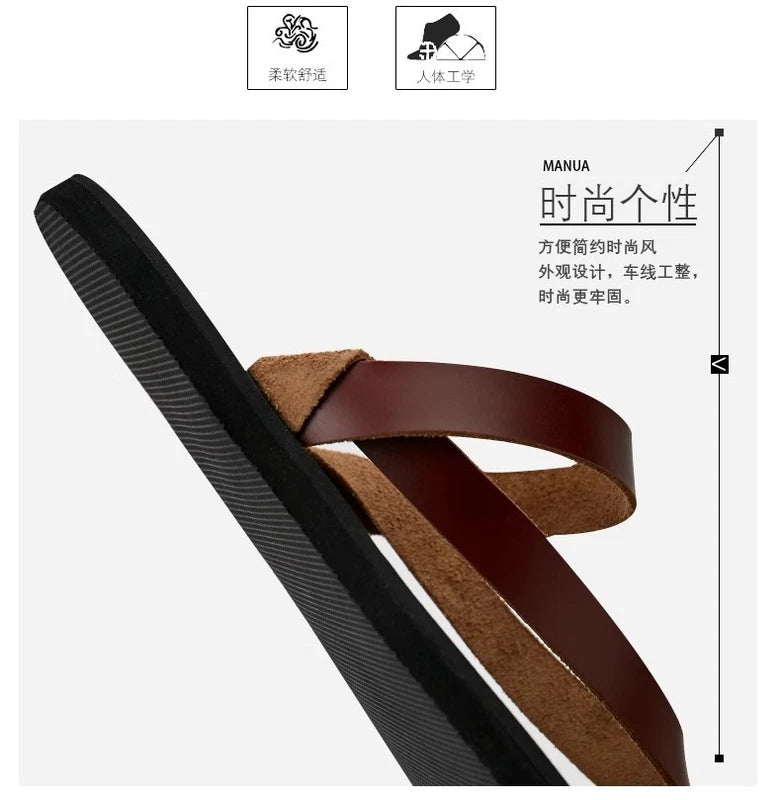 Men's Cowhide Slippers Casual Leather Flip Flops Breathable Slip on Beach Shoes