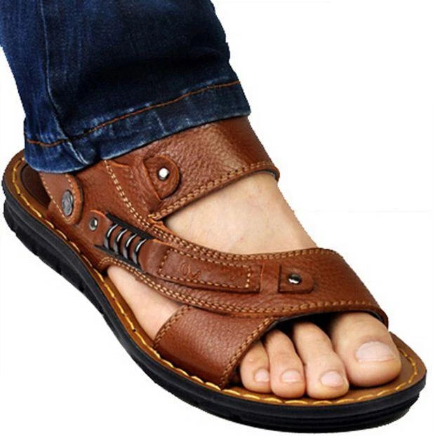 Men's casual leather open toe gladiator beach sport sandal slipper black brown
