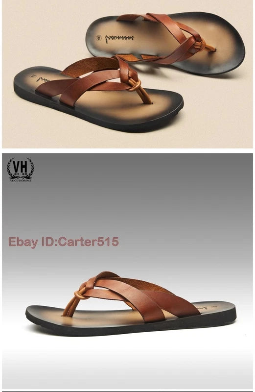 Summer Sandals New Men's Flip Flops Beach Shoes Leather Flats Casual Slippers
