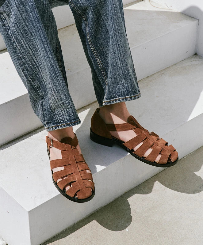 Firenze Atelier Men's Brown Suede Summer Closed Toe Fisherman Sandals Slippers