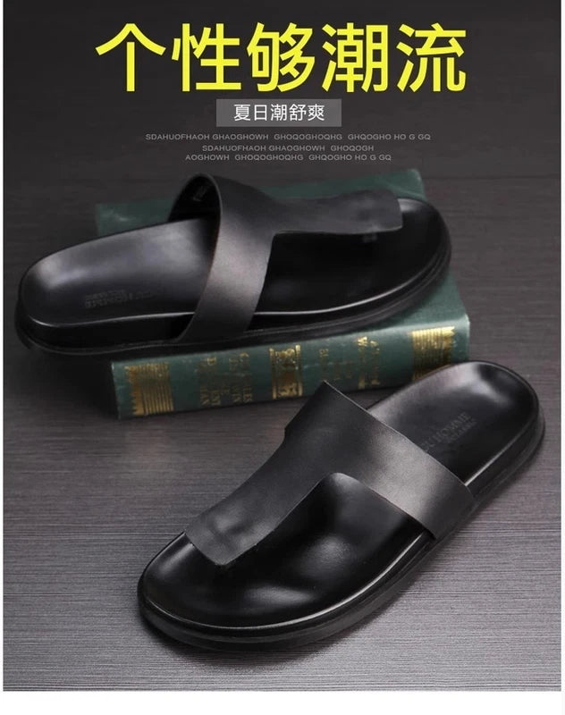 Men Leather Beach Summer Sandals Flip Flops British Beach Shoes Holiday Slippers