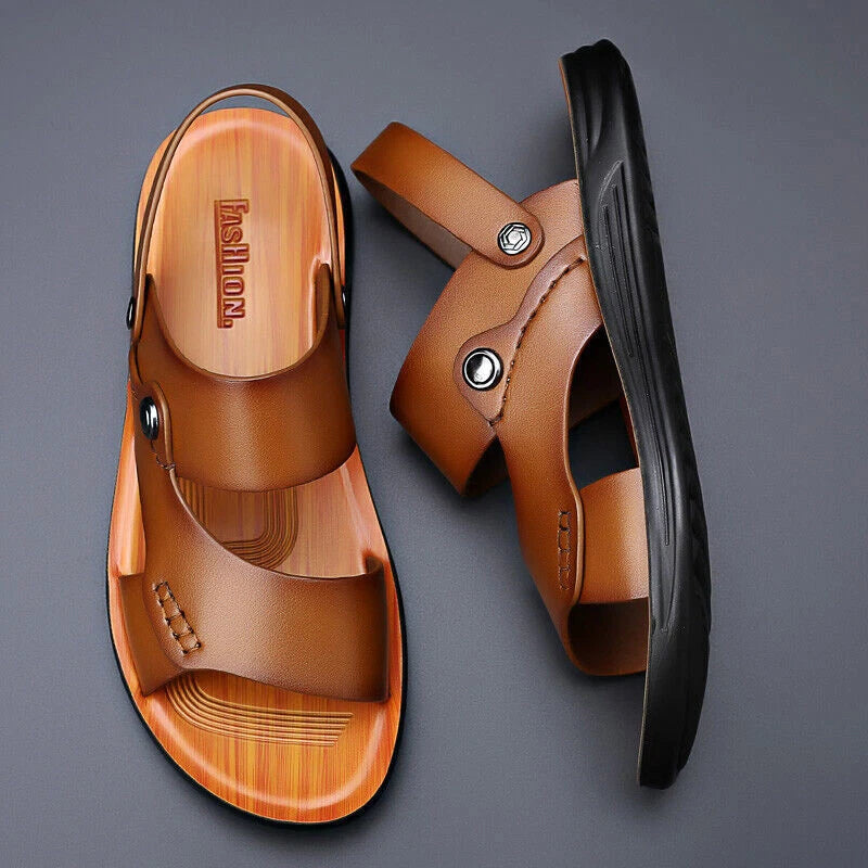Men Shoes Leather Non-slip Beach Slip-On Sandals Travel Flip Flop Slippers Brown