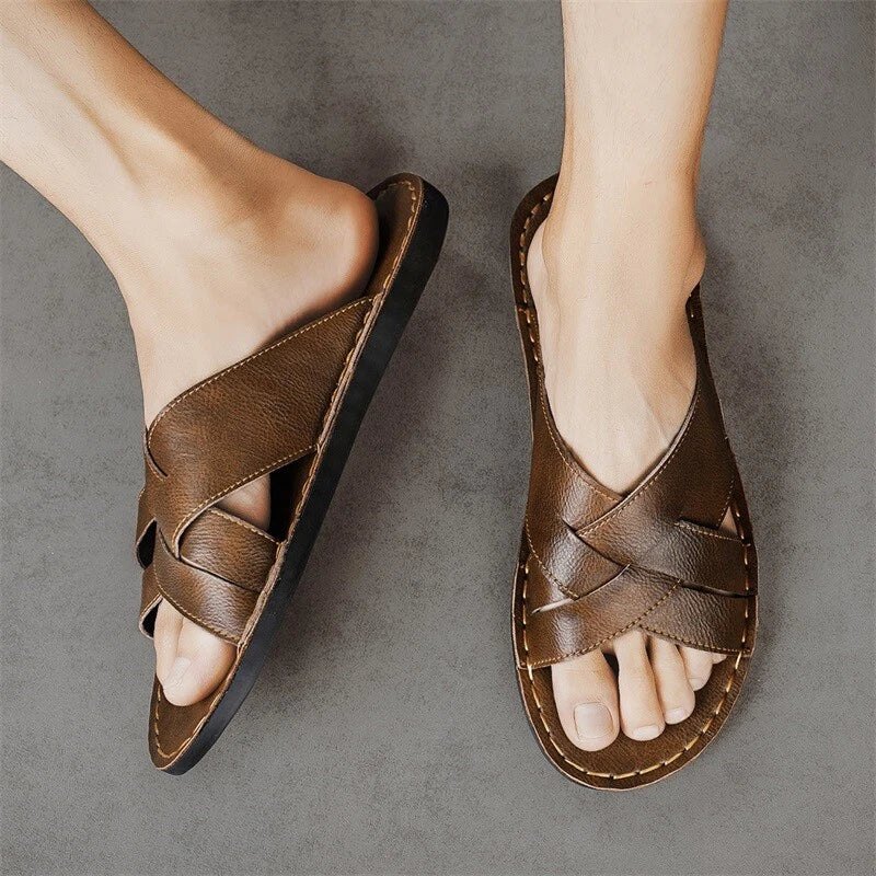 New Mens Casual Leather Sandals Close toe Beach Slippers Slides Outdoor Shoes