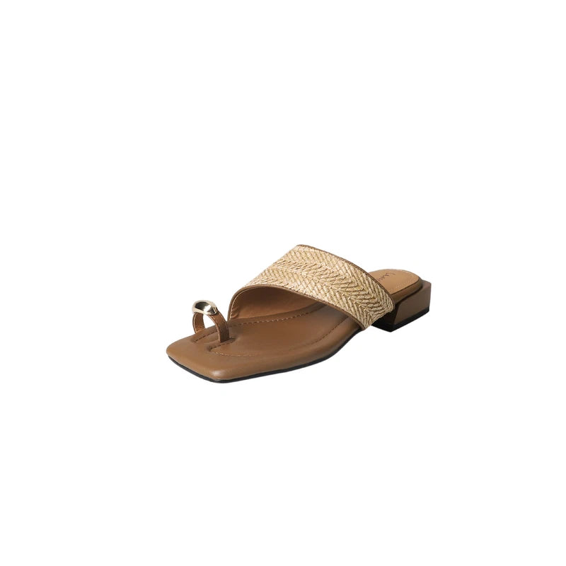 Womens Metal Buckle Slippers Summer Coarse Middle Heel Square Toe Beach Sandals