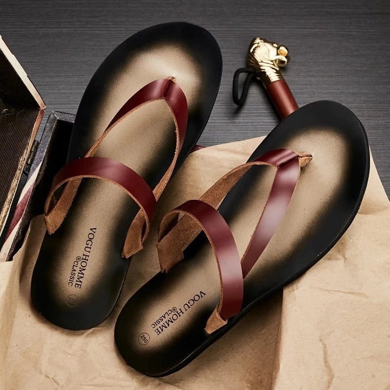Men's Cowhide Slippers Casual Leather Flip Flops Breathable Slip on Beach Shoes