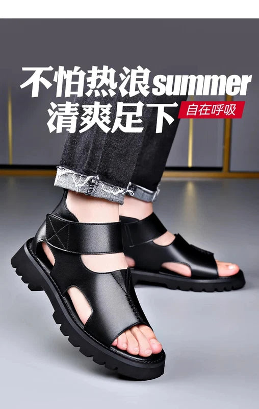 Men Leather Sandals Summer Breathable Roman Beach Shoes Light Soft Sole Slippers