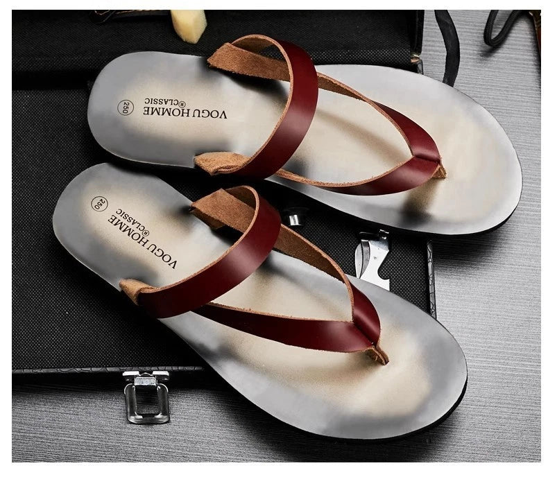 Men's Cowhide Slippers Casual Leather Flip Flops Breathable Slip on Beach Shoes
