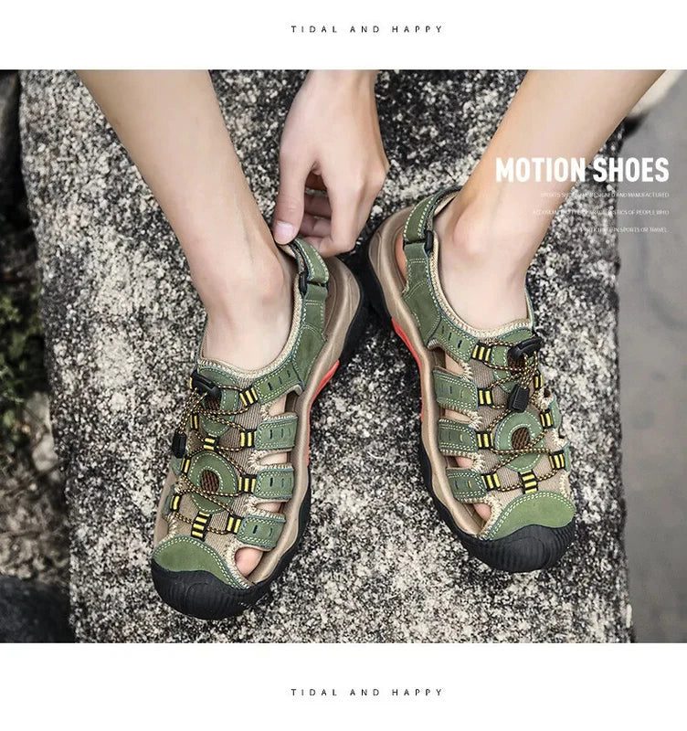 Men's Soft Leather Sandals Summer Lack Up Shoes Outdoor Comfort Beach Slippers