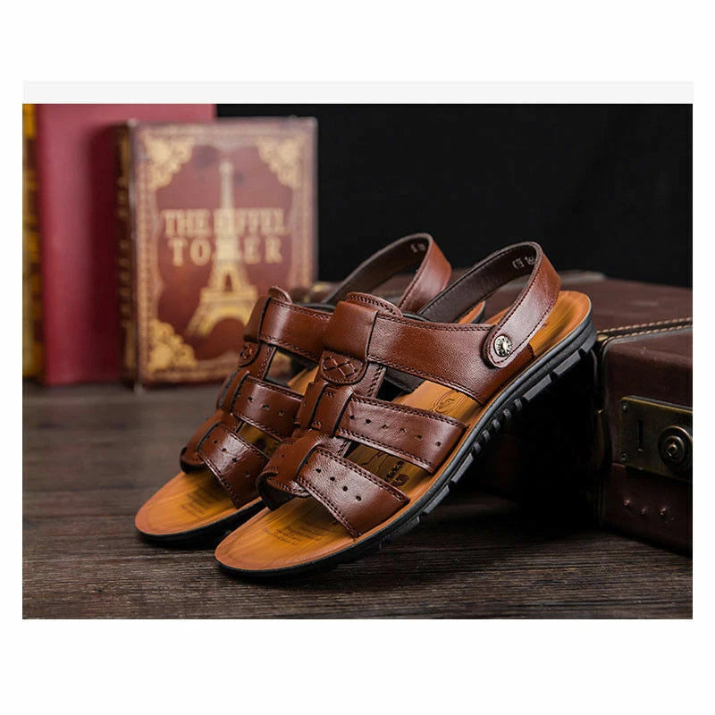 New Men Sandals Leather Shoes Open Toe Flats Slip On Beach Fisherman Shoes
