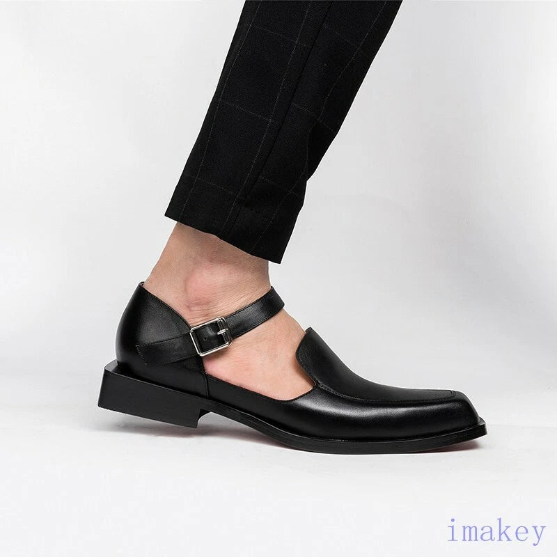 Men's Closed Toe Buckle Square Toe Breathable Leather Roman Sandals Casual Shoes