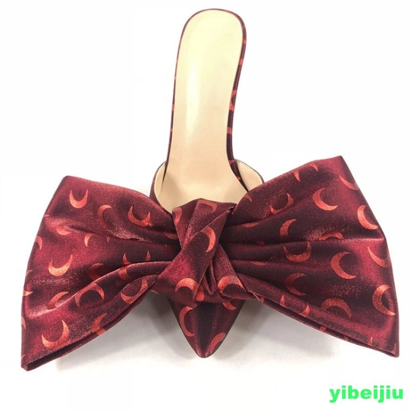 Fashion Womens Pointy Toe Big Bowknot Mules Slim High Heels Slippers Club Ladies