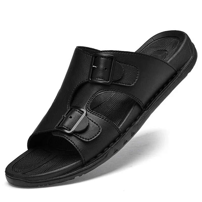 Men's Leather Slip On Beach Sandals Fashion Summer Outdoor Casual Slippers