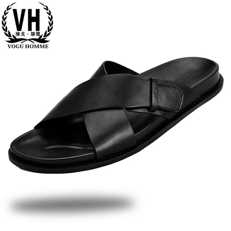 Men Cowhide Casual Slipper Summer Outdoor Breathable Genuine Leather Beach Shoes
