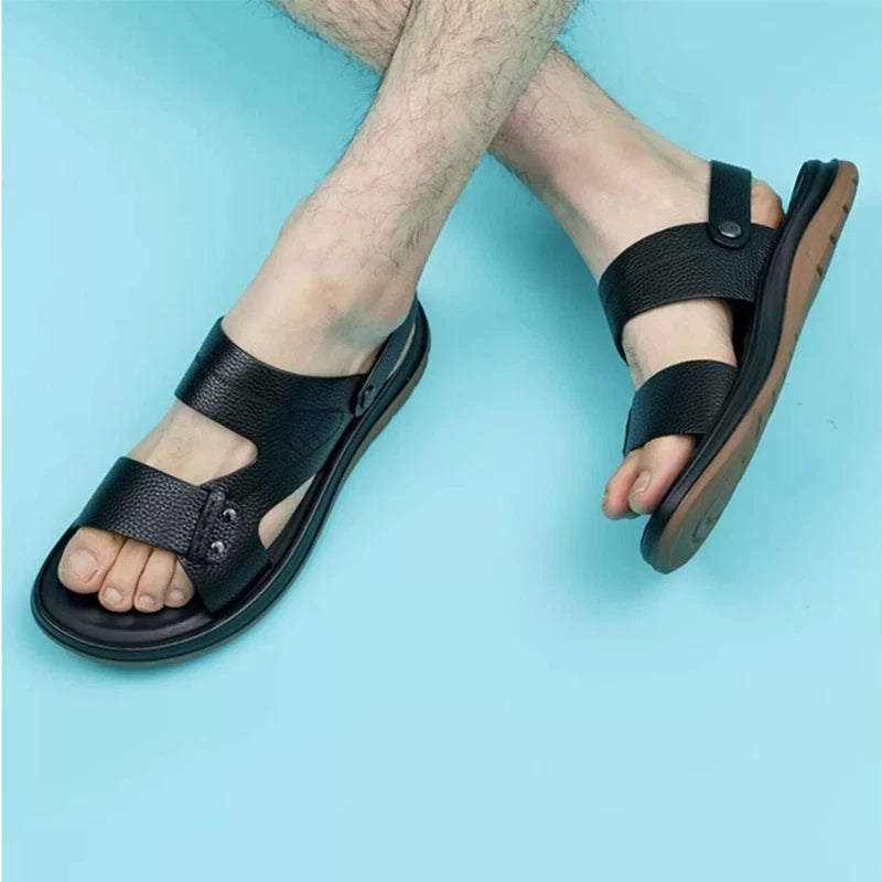 Open Toe Summer Slipper Sandals Beach Real Leather Mens Shoes Roman Style Casual