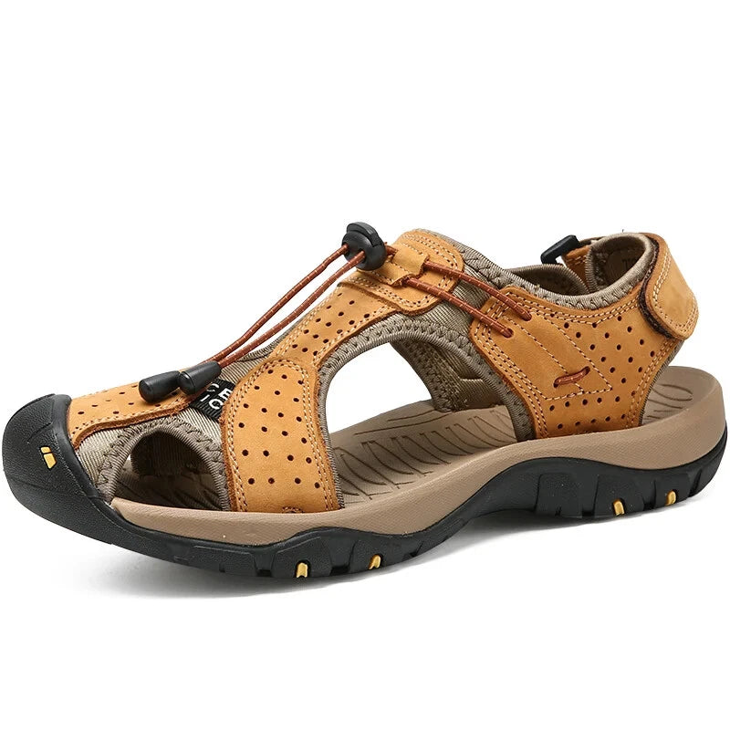 Summer Men's Leather Sandals Outdoor Beach Shoes Comfort Casual Lackk Up Slipper