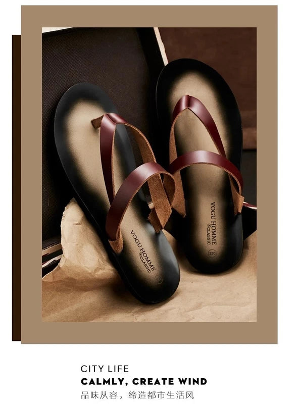Men's Cowhide Slippers Casual Leather Flip Flops Breathable Slip on Beach Shoes