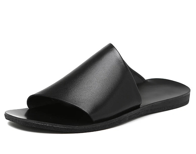 Men's Flat Faux Leather Open-toe Outdoor Beach Casual Slip on Slippers
