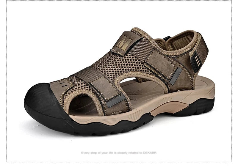 Fashion Casual Men Shoes Genuine Leather Mesh Beach Sandals Breathable Slippers