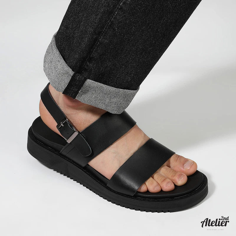 Firenze Atelier Mens Black Leather Open Toe Roman Sandals Fashion Beach Slippers