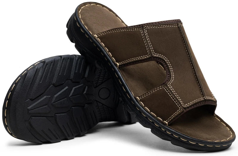 Men's Leather Slip-On Outdoor Beach Slide Sandals Slippers, Comfortable Fit