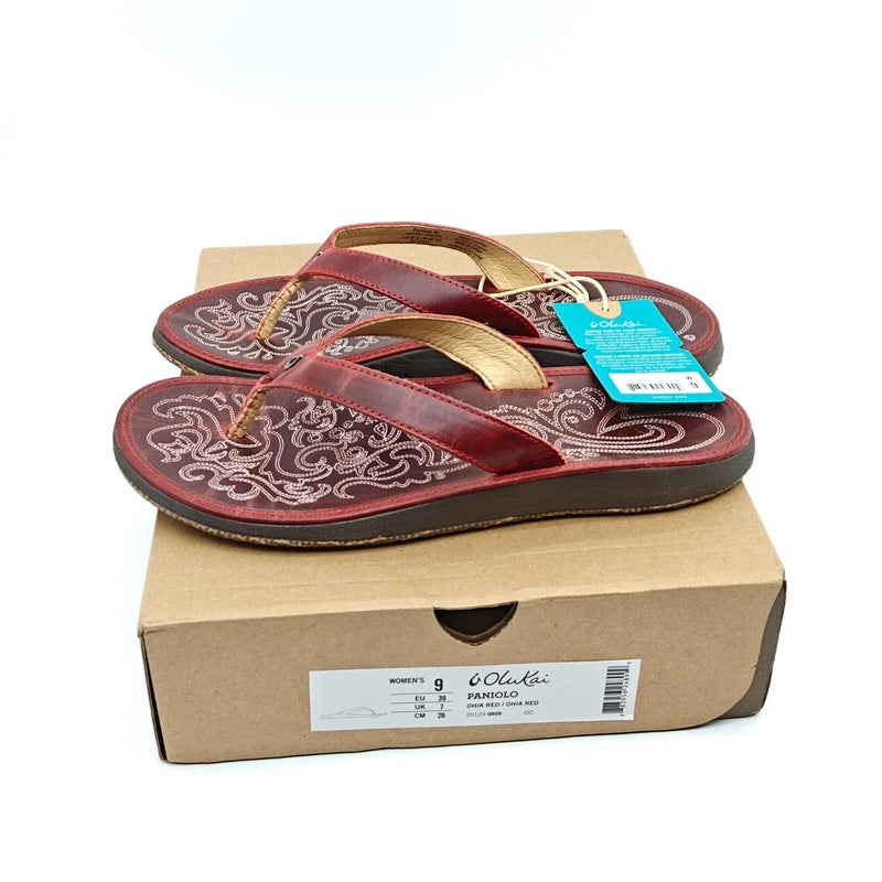Olukai Womens 7/8/9 Paniolo Flip Flop Thong Red Leather Sandals 20129